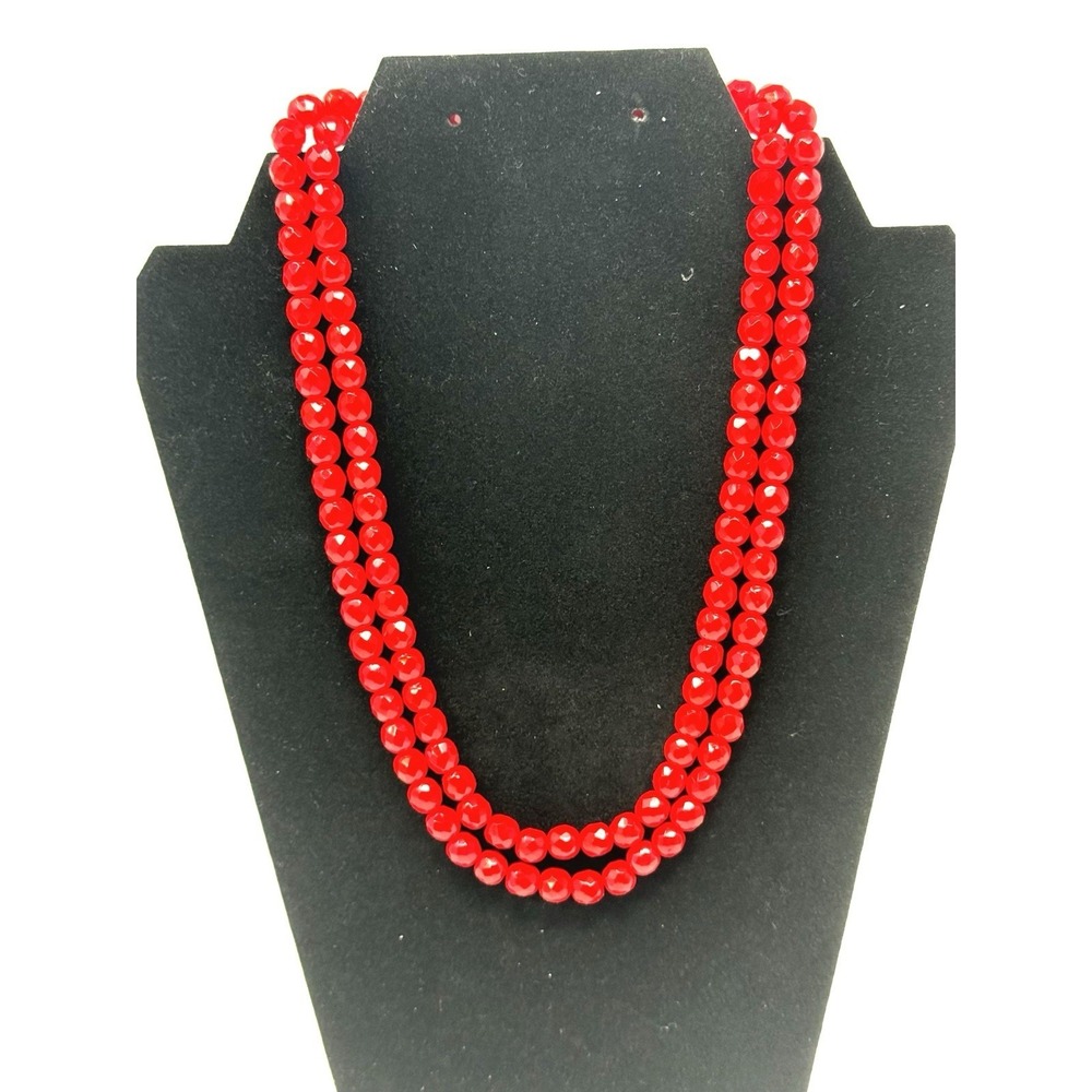 Vintage Lipstick Red Glass Pale 8MM Faceted 22" Necklace Double Strand Ca 1950 - Picture 3 of 4